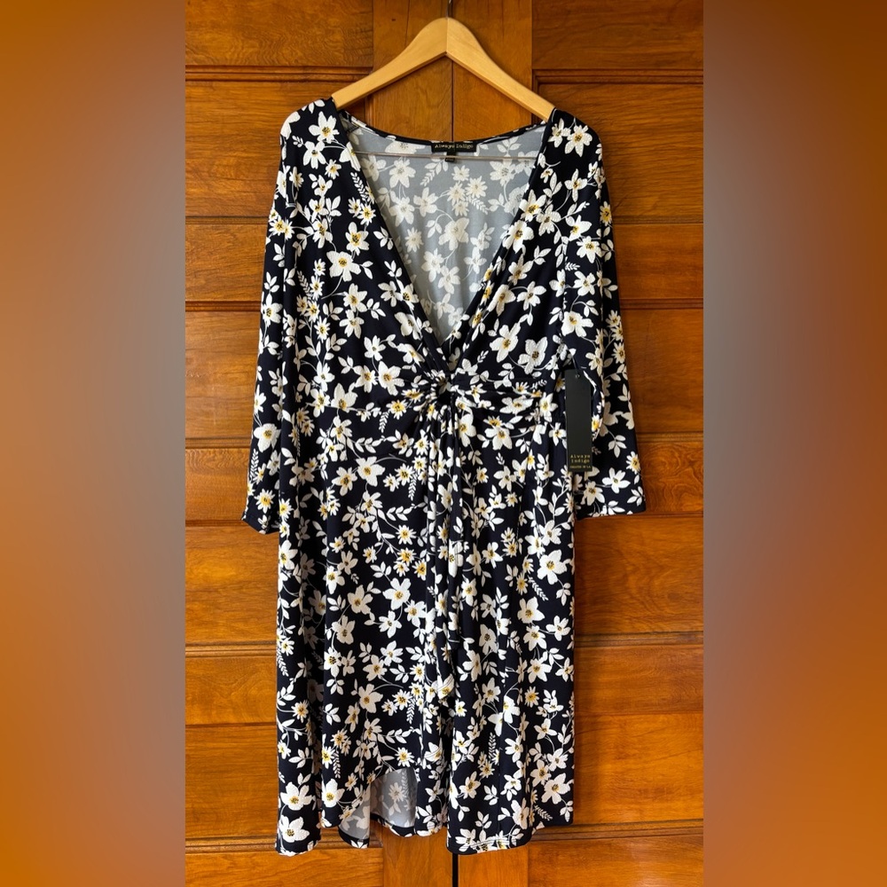 Always Indigo Navy Blue Floral Faux Wrap Dress